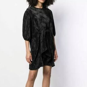 BEULAH Pleated Puff Sleeve Black Mini Dress One Size